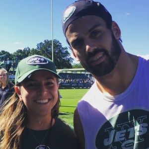 Eric Decker poses with Danielle McCartan (@CoachMcCartan) after practice at the New York Jets inaugural Anti-Bullying symposium in Florham Park, NJ.